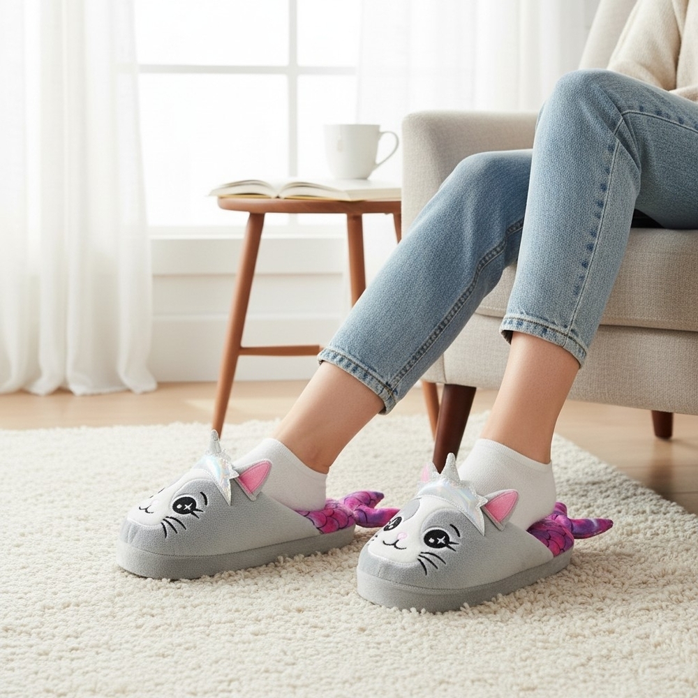 Justice ✦ Plush MeowMaid Slippers ✦ Pink Kitty Mermaid Cozy House Shoes Size 8/9
